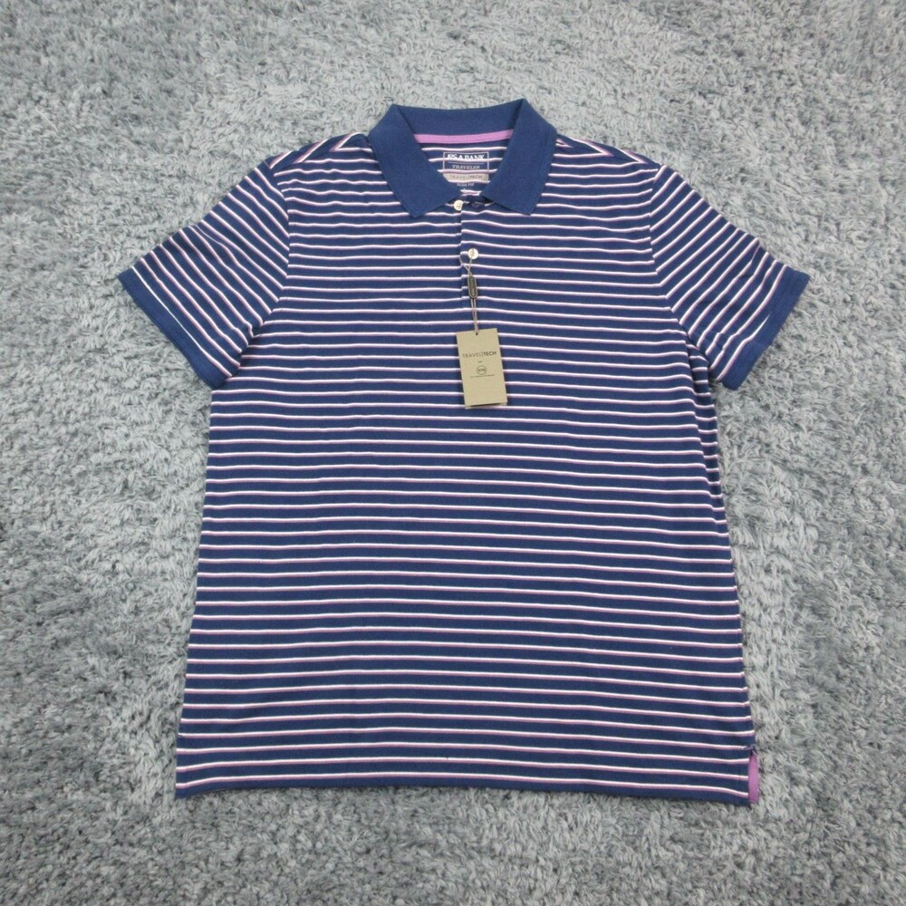 Jos A Bank Polo Shirt Mens Large Blue Stripe Traveler Travel Tech 37.5 Slim NWT